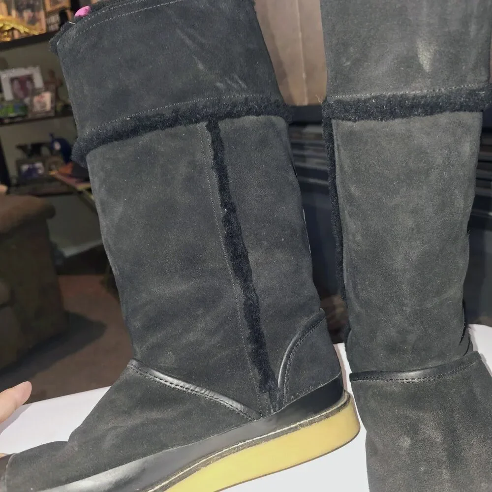 TORY BURCH AMELIE Sz 9.5 Black Lamb Suede Shearling Tall Pull On Logo Boho Boots